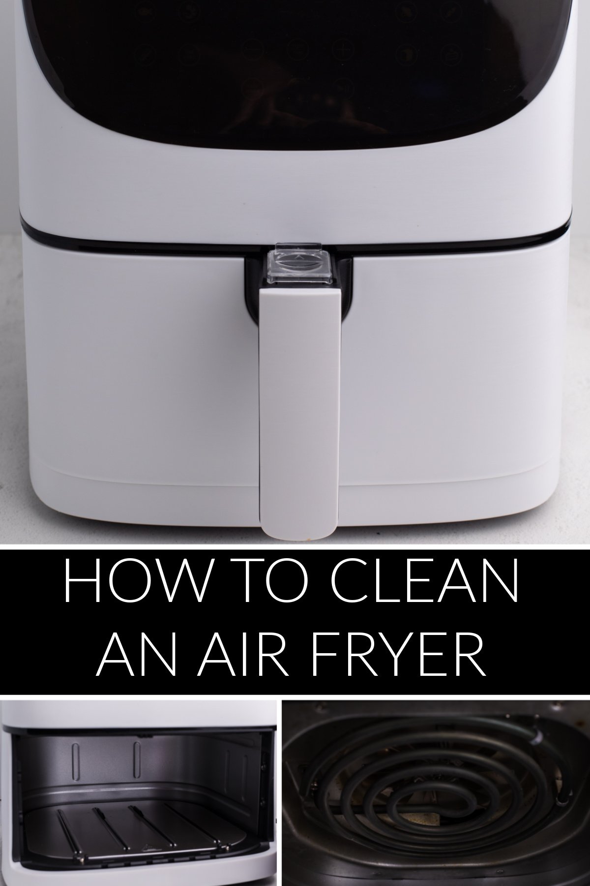 Picture collage of an air fryer, the inside of an air fryer, and the air fryer heating element. 