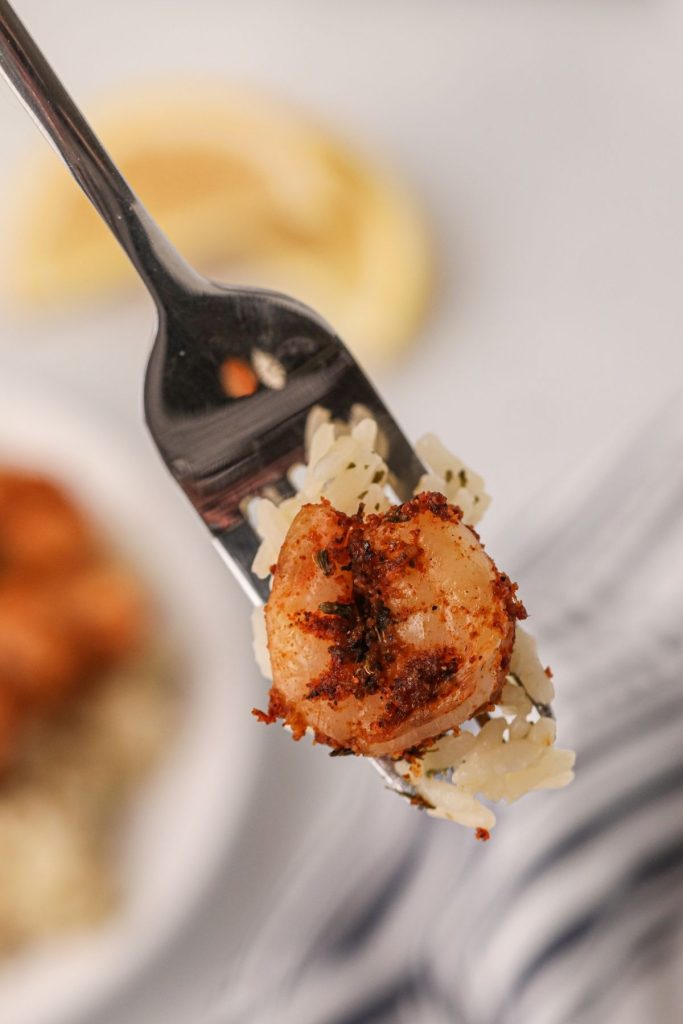 Fork bite shot of cajun shrimp and rice after being cooked in the air fryer