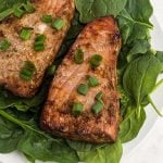 Juicy close up of tuna steaks on spinach garnished with green onions