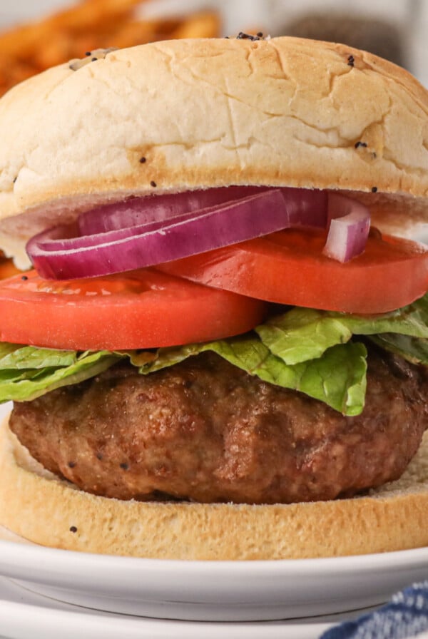 Air fryer turkey burger patty on a bun with lettuce, tomato, and onion.