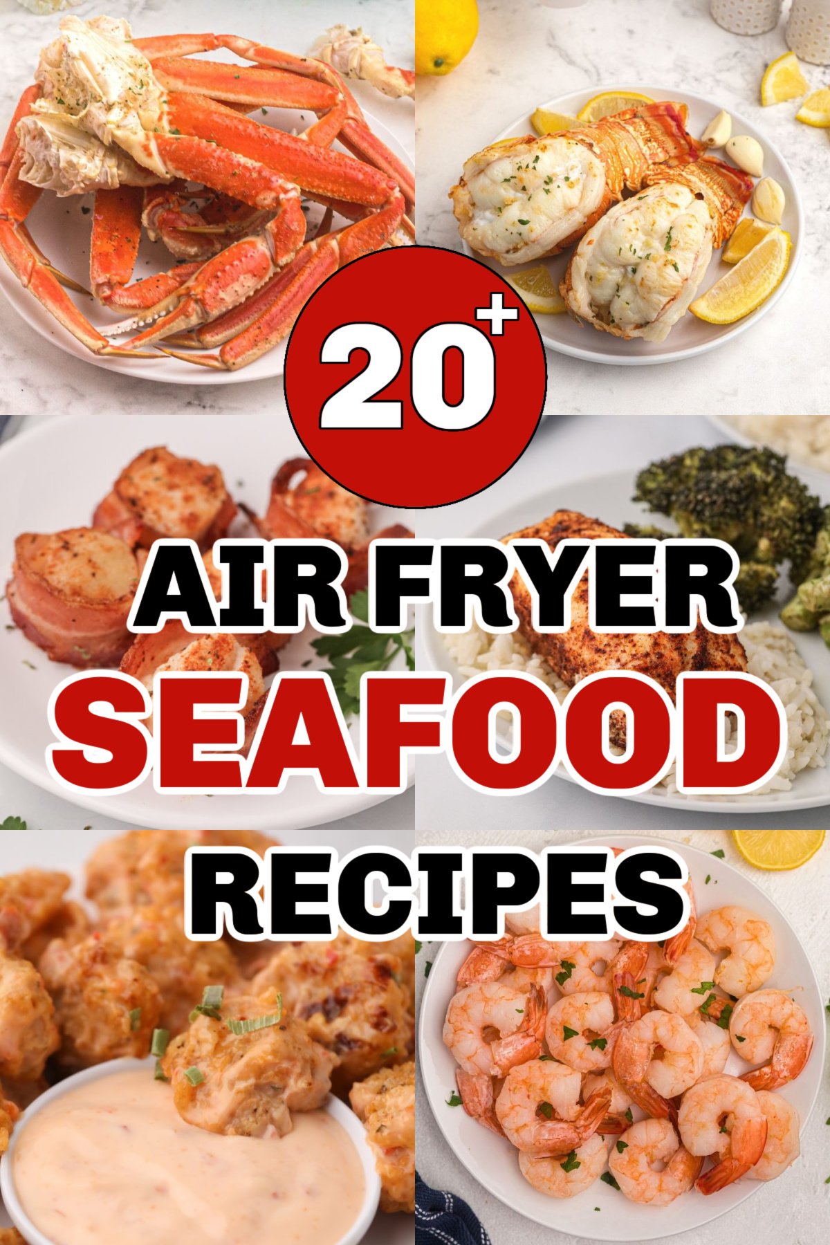 Collage of air fryer seafood recipes with print overlay on the photo.