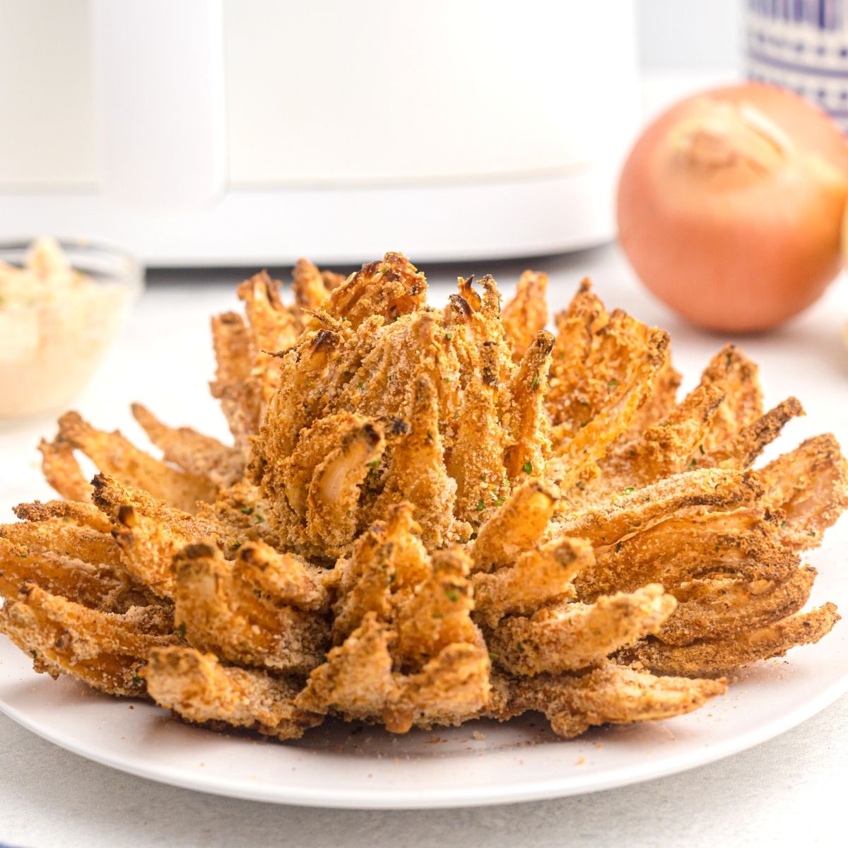 Golden crispy sliced onion with air fryer in background