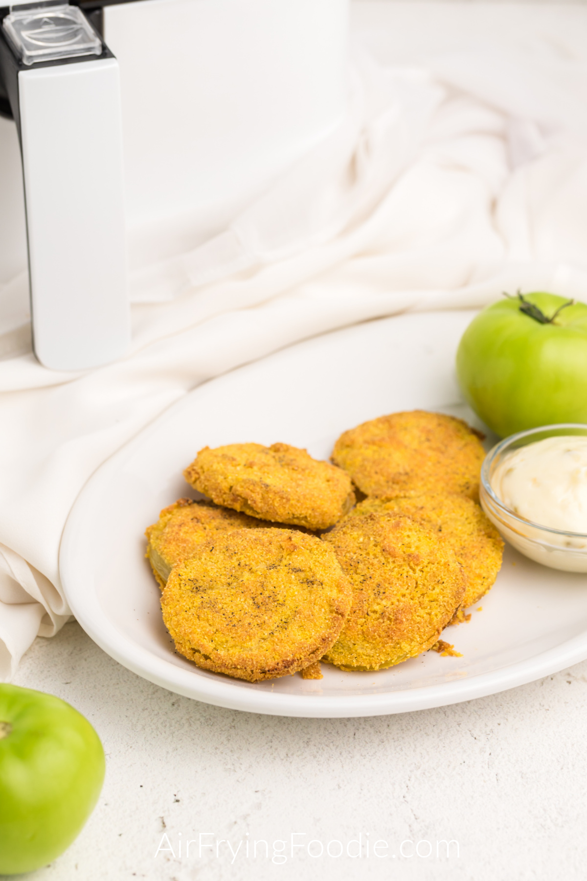 Fried Green Tomatoes made in the air fryer and served on a white plate with dipping sauce.