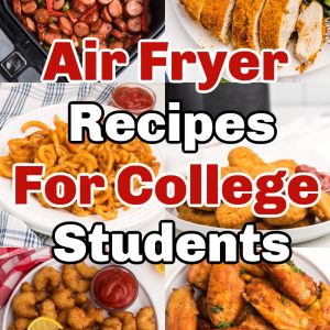 Air Fryer Recipes for college students, collage of photos of recipes.