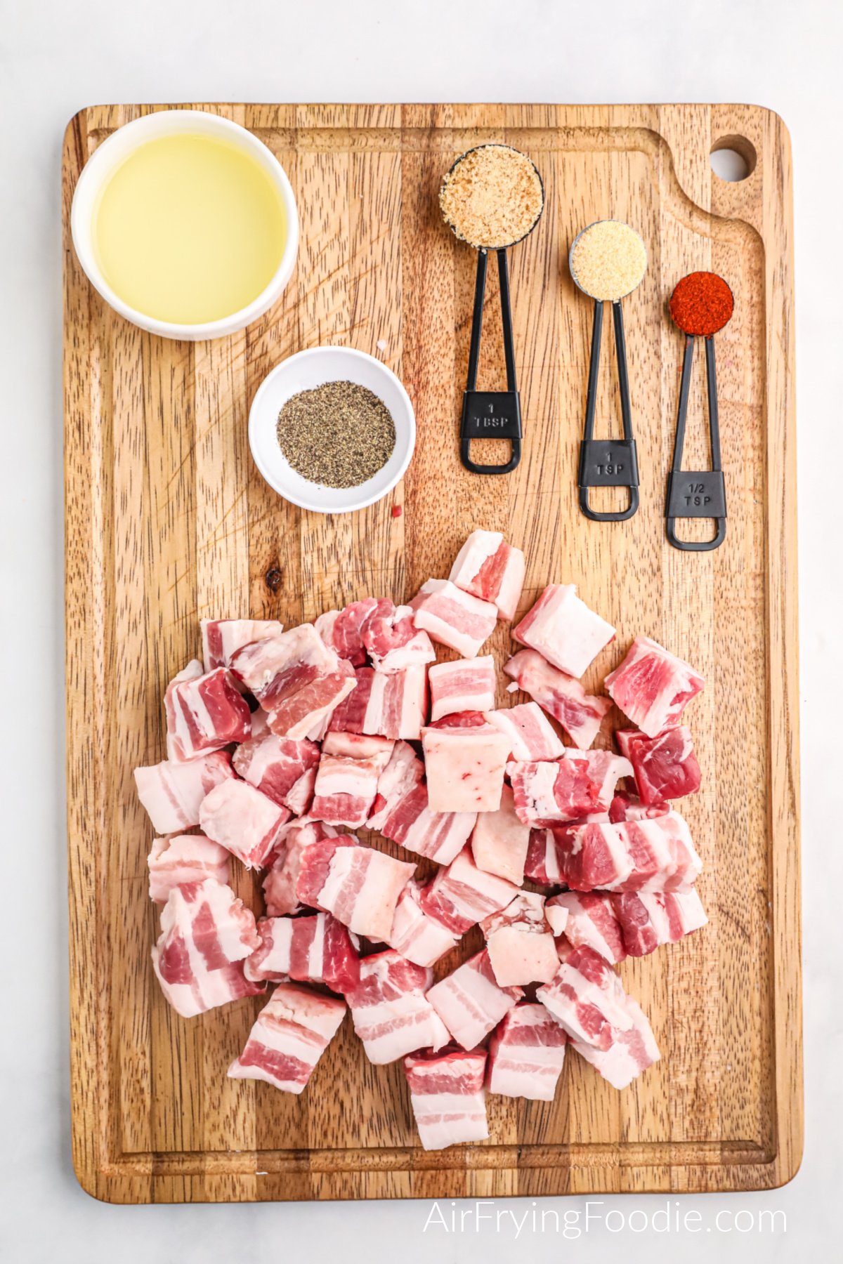 Ingredients needed to make pork belly bites in the air fryer.