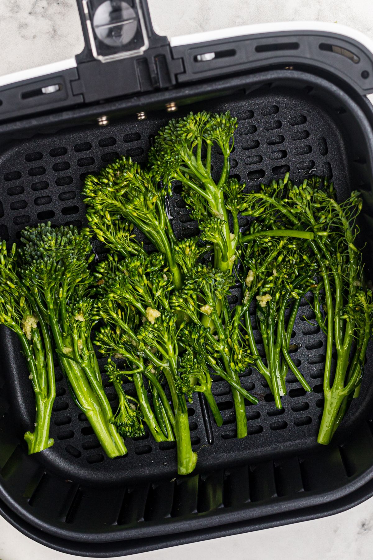 Juicy seasoned broccolini in the air fryer basket before being cooked