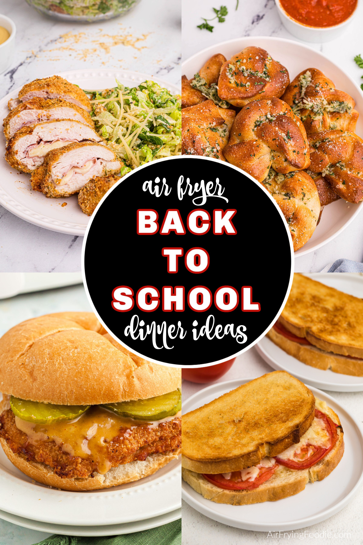 Collage of photos for air fryer back to school dinner ideas.