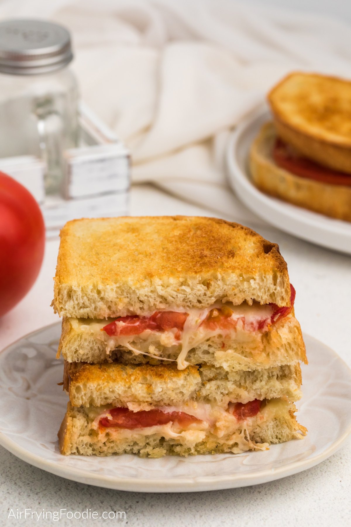 Sliced grilled tomato and cheese sandwich stacked in halves on a white plate. 
