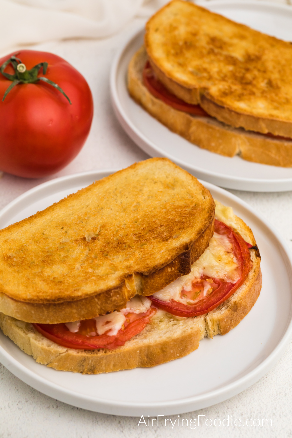 Tomato grilled cheese made in the air fryer and served on a white plate.