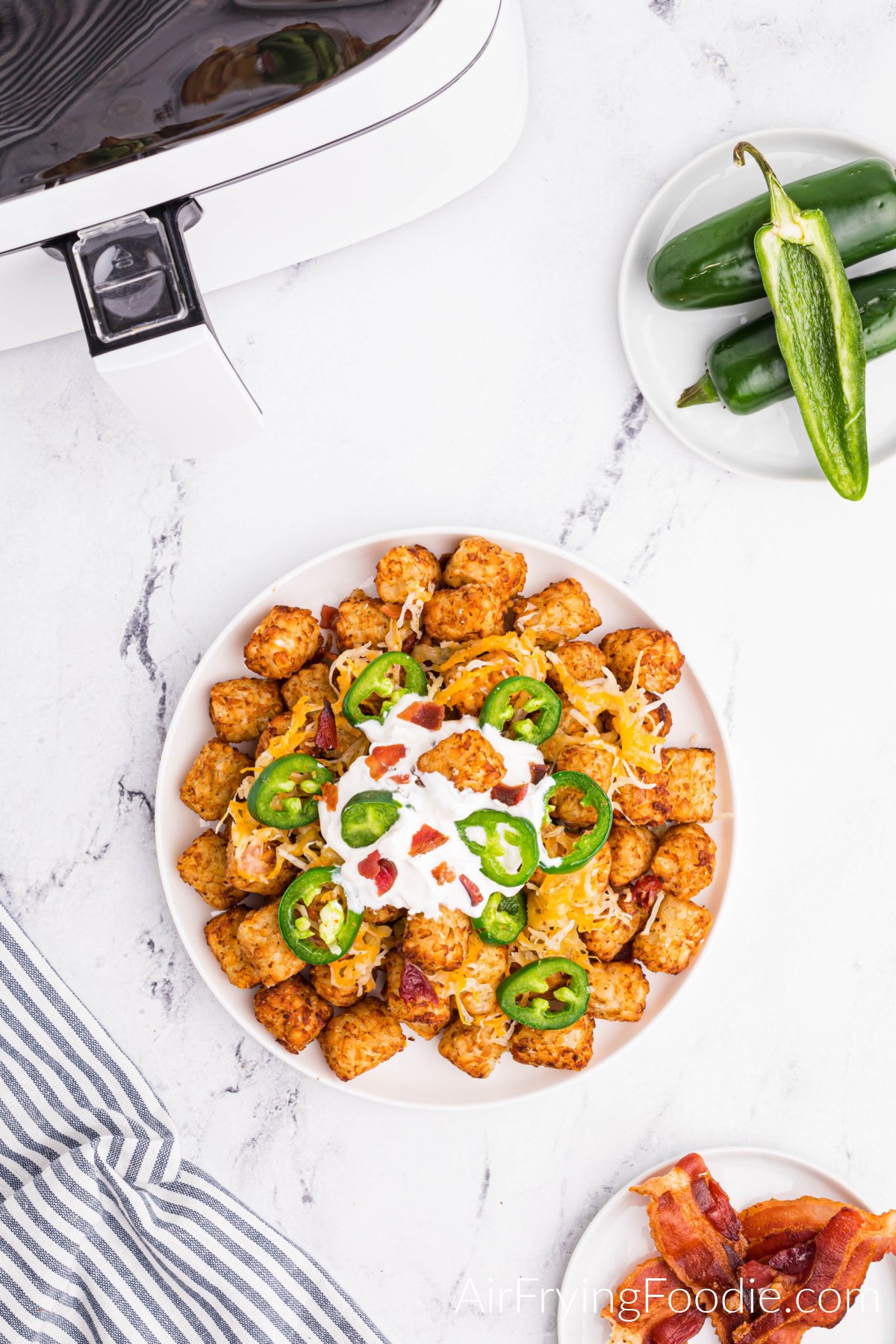 Overhead shot of loaded tater tots on a white plate. 