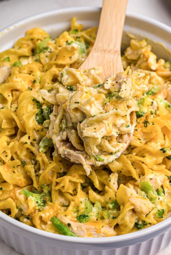 Golden cheesy pasta and chicken mixed in a casserole dish