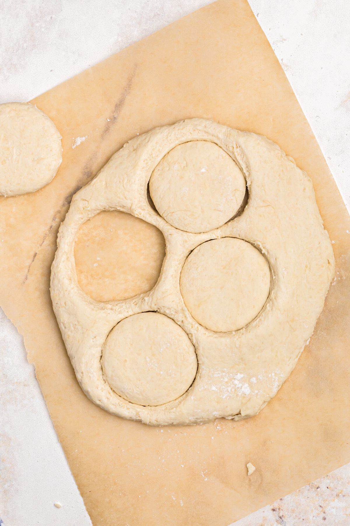 Soft biscuit dough rolled out and cut into circles on a parchment paper.