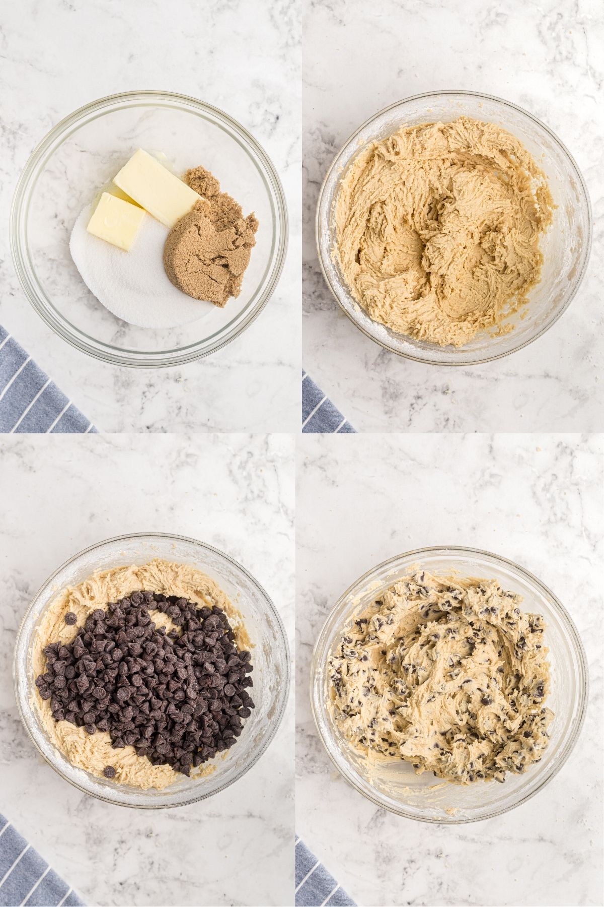 Step by step directions of cookie dough being made in clear glass bowls.