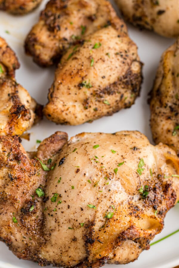 Overhead shot of boneless chicken thighs made in the air fryer.