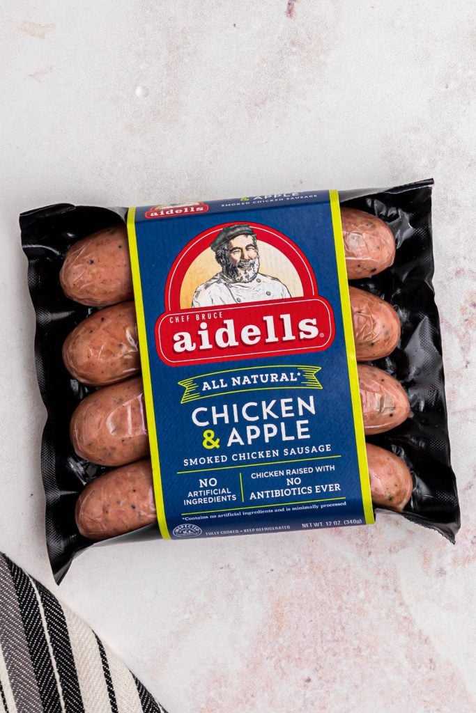 Package of smoked chicken and apple sausage 