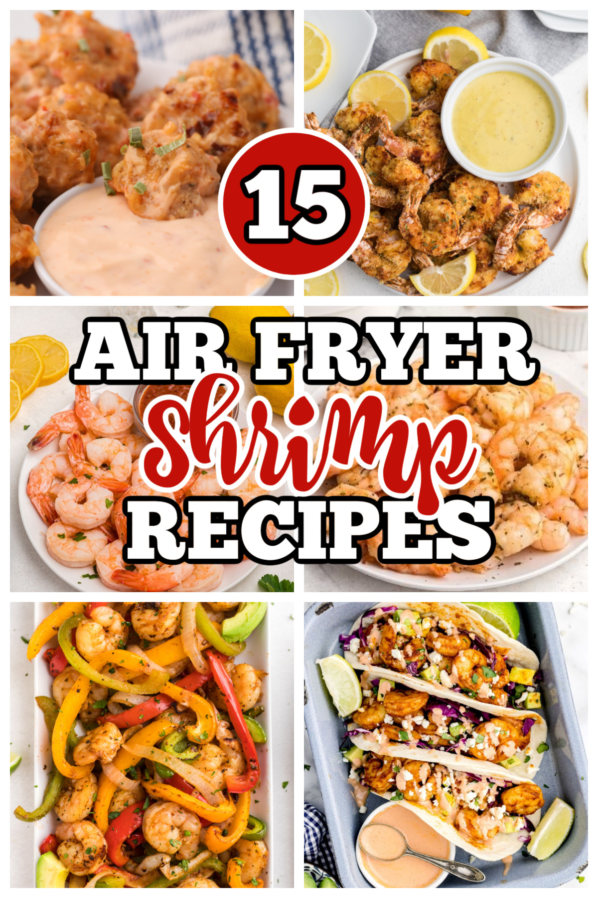Collage of photos of shrimp recipes made in the air fryer. 