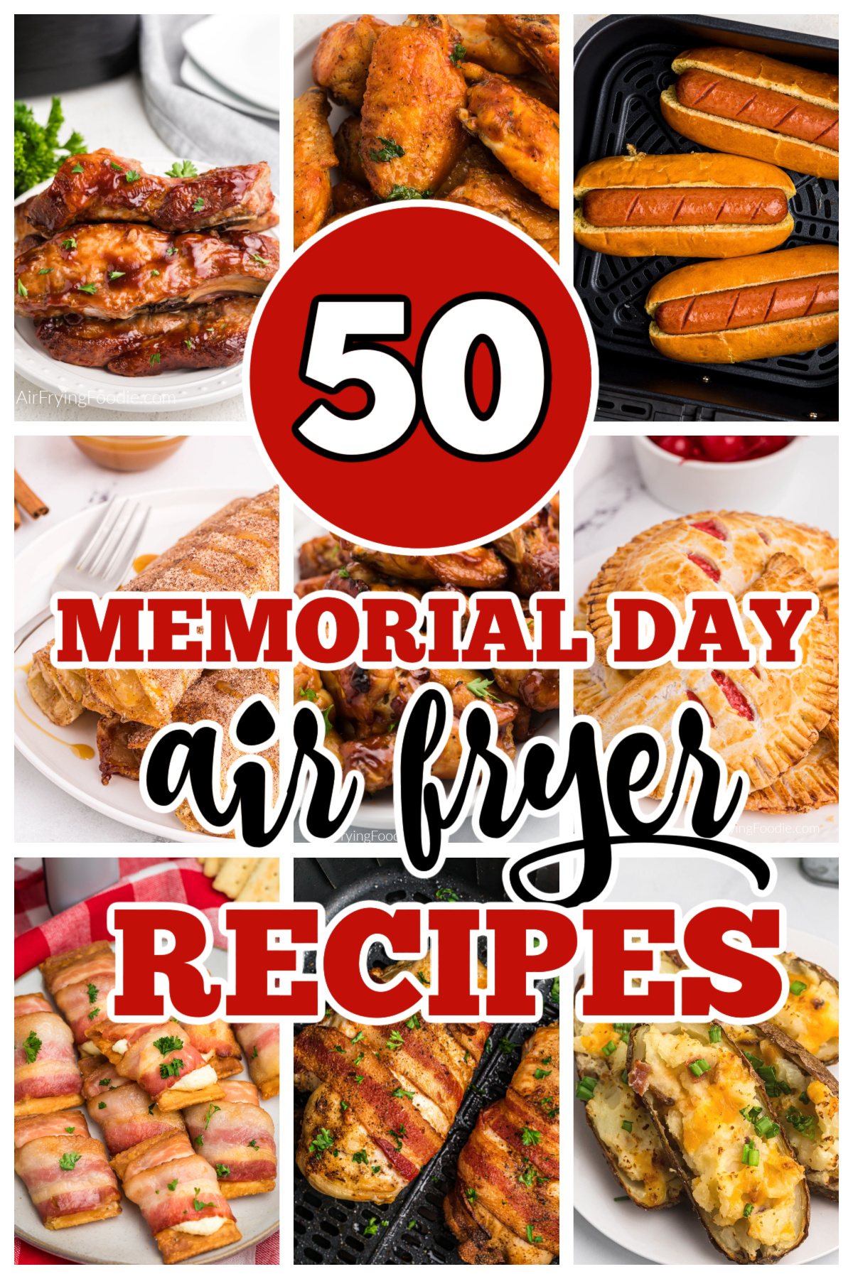 Collage of photos of air fryer recipes that are great for Memorial Day.
