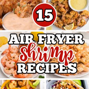 Collage of photos of air fryer shrimp recipes.