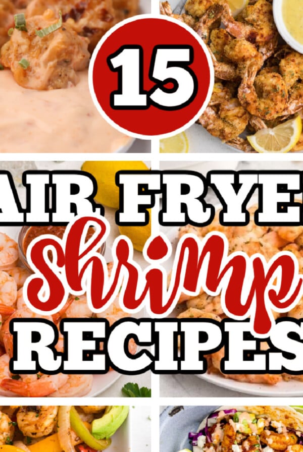 Collage of photos of air fryer shrimp recipes.