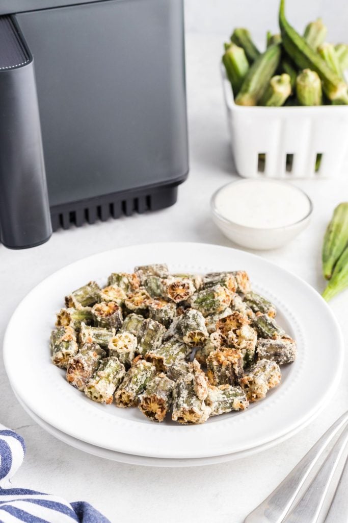 Golden fried okra in a white shallow plate in front of an air fryer. 