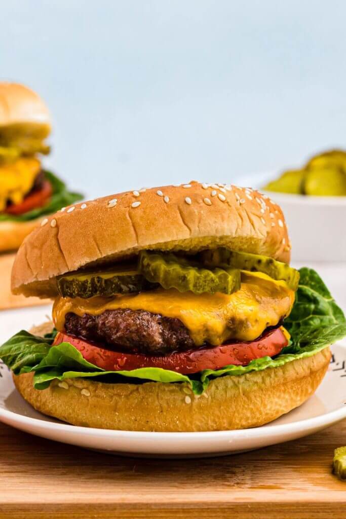 Juicy hamburger with melted cheese, pickles, tomato and lettuce on a small white plate. 