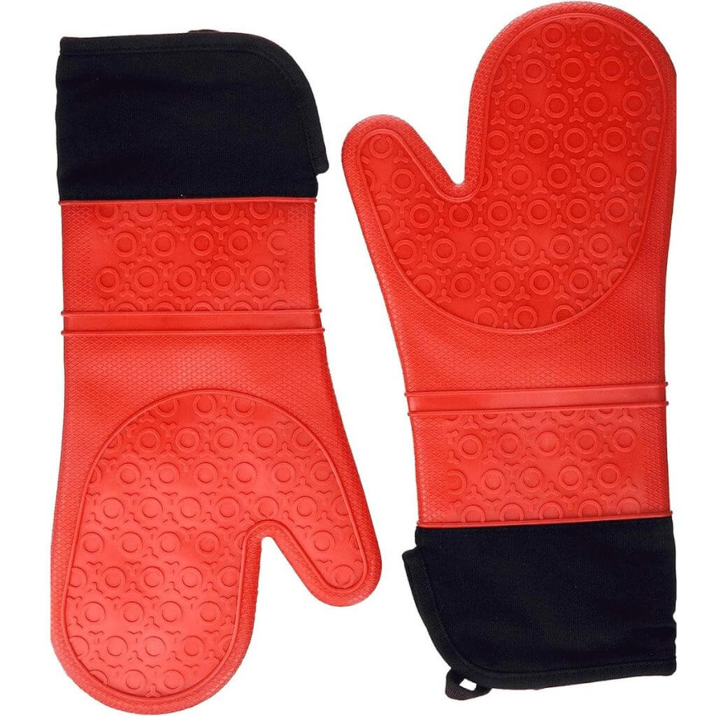 Red and black silicone oven mitts