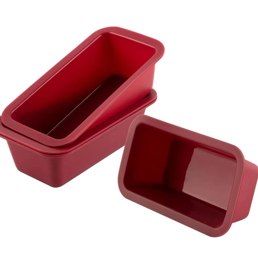 Set of three red mini silicone loaf pans