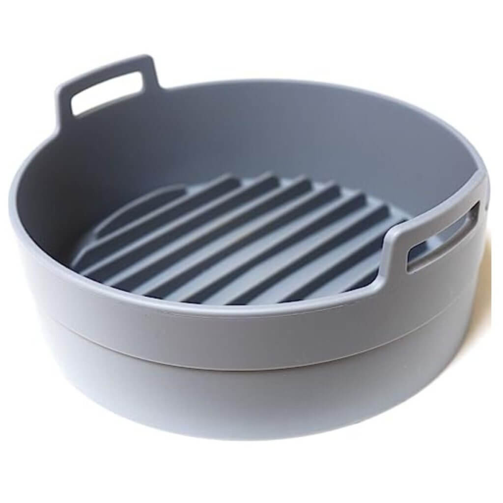 Gray heavy duty silicone pot for the air fryer basket. 