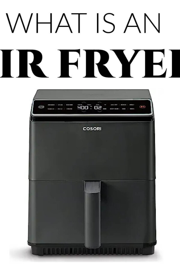 What is an air fryer text with a photoc of a Cosori Dual Blaze air fryer.