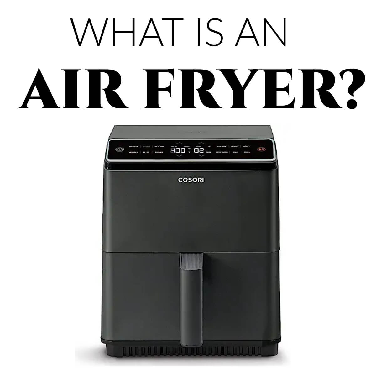 What is an air fryer text with a photoc of a Cosori Dual Blaze air fryer.