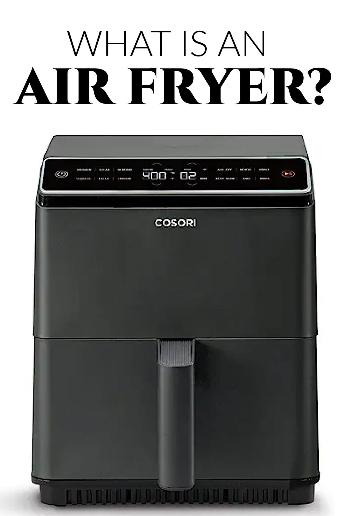 Picture of a Cosori Dual Blaze air fryer with the writing of "what is an air fryer" above the air fryer.