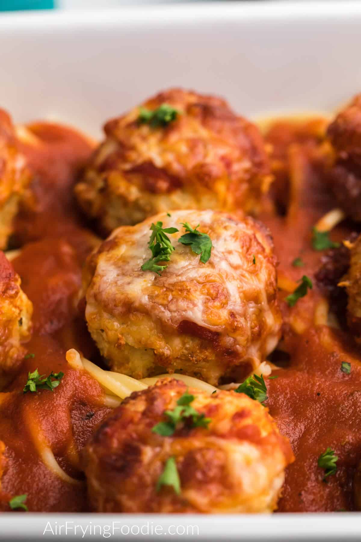 close up of parmesan meatballs