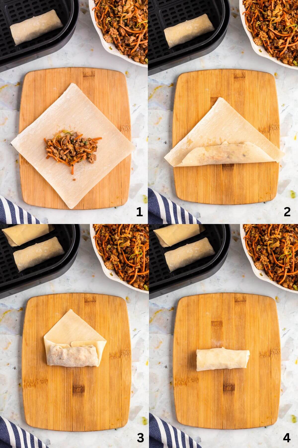 step by step photos showing how to fill and wrap egg rolls.