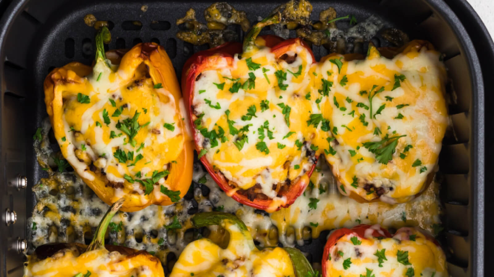 stuffed bell peppers in the basket of the air fryer, topped with cheese and fresh chopped parsley.