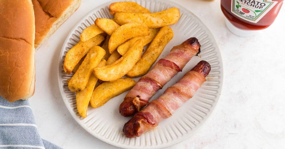 Air Fryer Bacon Wrapped Hot Dogs | Air Frying Foodie