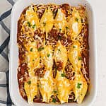 Lasagna stuffed shells in a casserole dish, ready to serve.