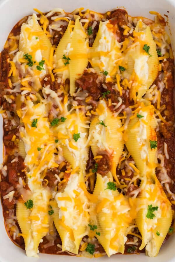 Lasagna stuffed shells in a casserole dish, ready to serve.