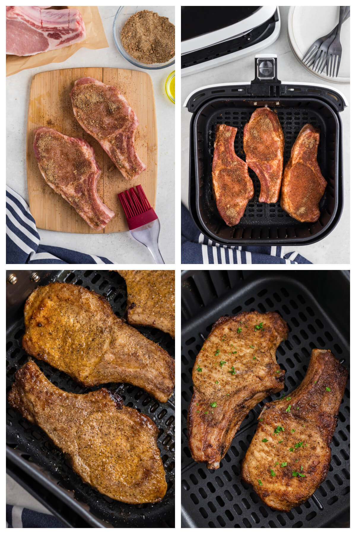 A collage of photos of pork steaks being seasoned, placed in to the air fryer basket to cook, cooked in the air fryer basket, and garnished with parsley in the air fryer basket. 