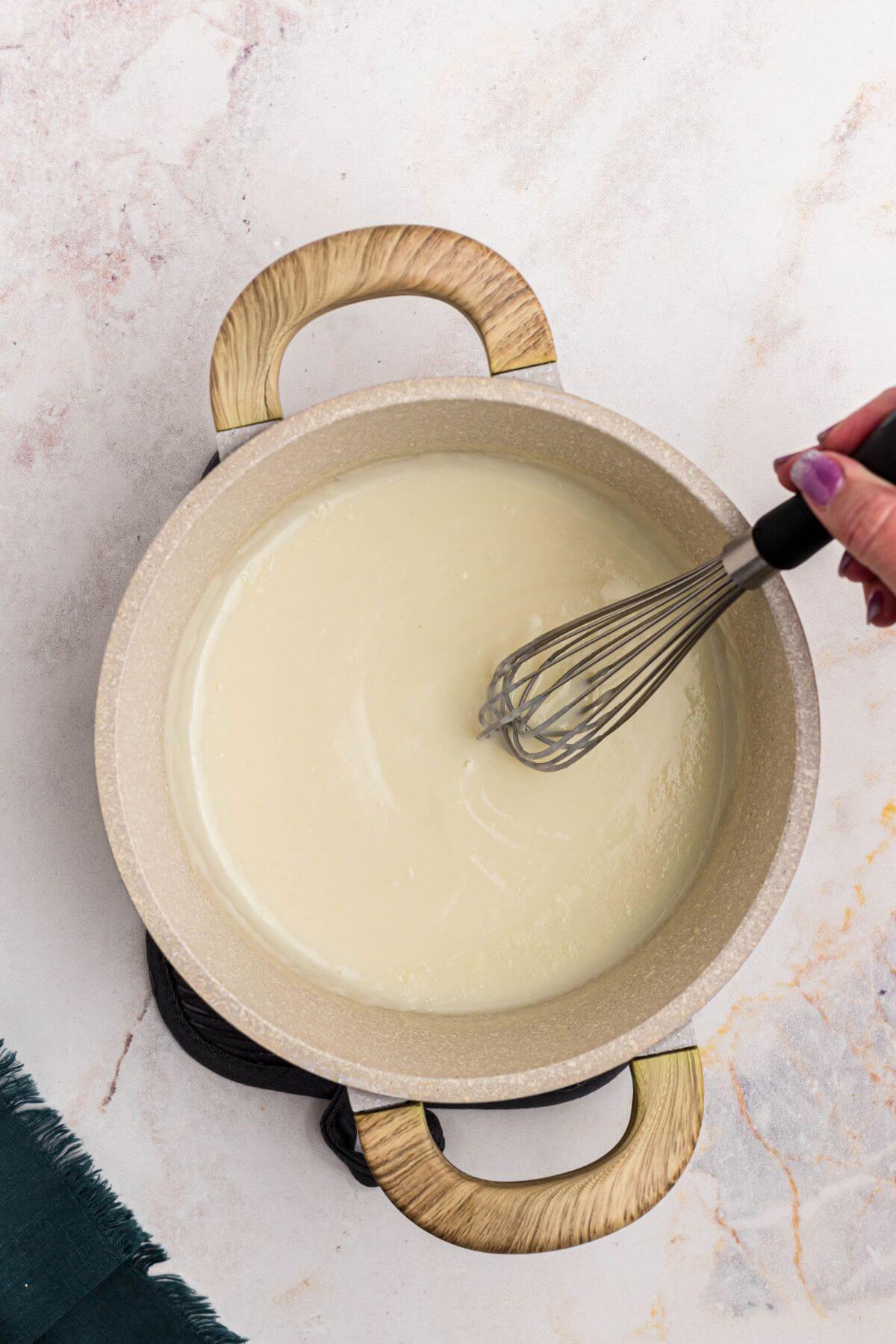 Creamy sauce of butter, flour and milk mixed together in a saucepan. 
