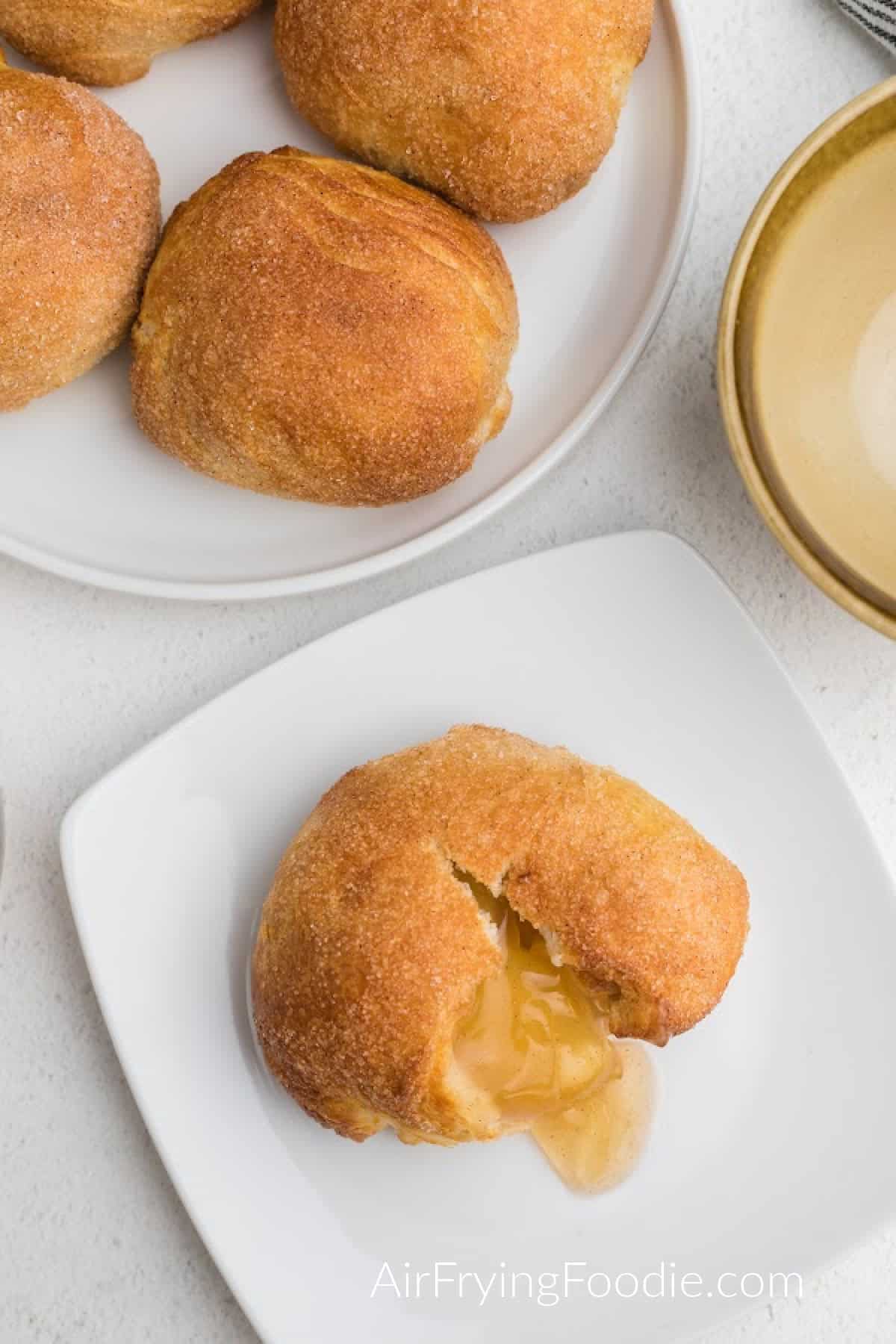 Overhead photo of apple pie bombs made in the air fryer and ready to eat.