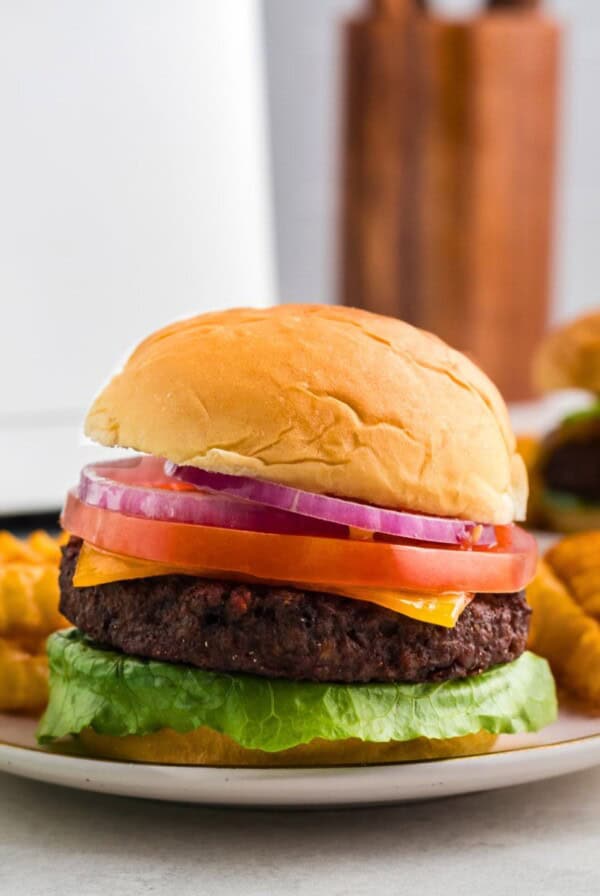 Impossible burger in a bun with traditional burger toppings on a small plate with fries.