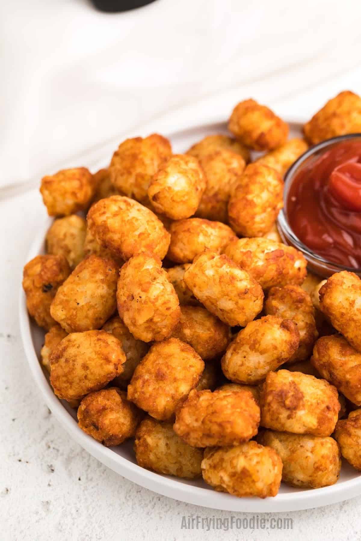 Crispy tater tots made in the air fryer  on a white plate with a side of ketchup for dipping. 