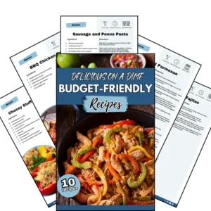Budget friendly recipes ebook cover photo and sample recipe cards.