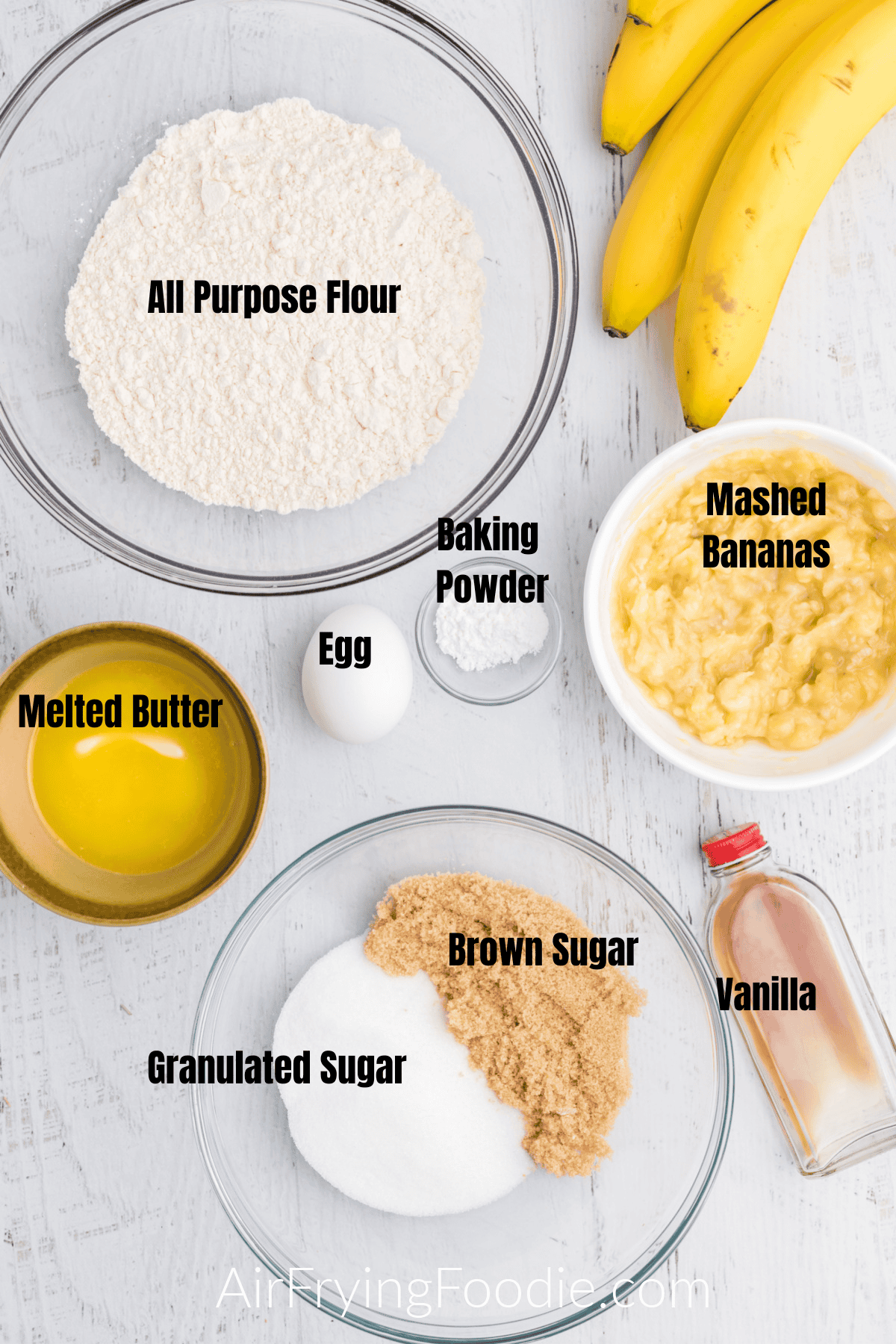 Ingredients measured out to be used in making banana muffins. 